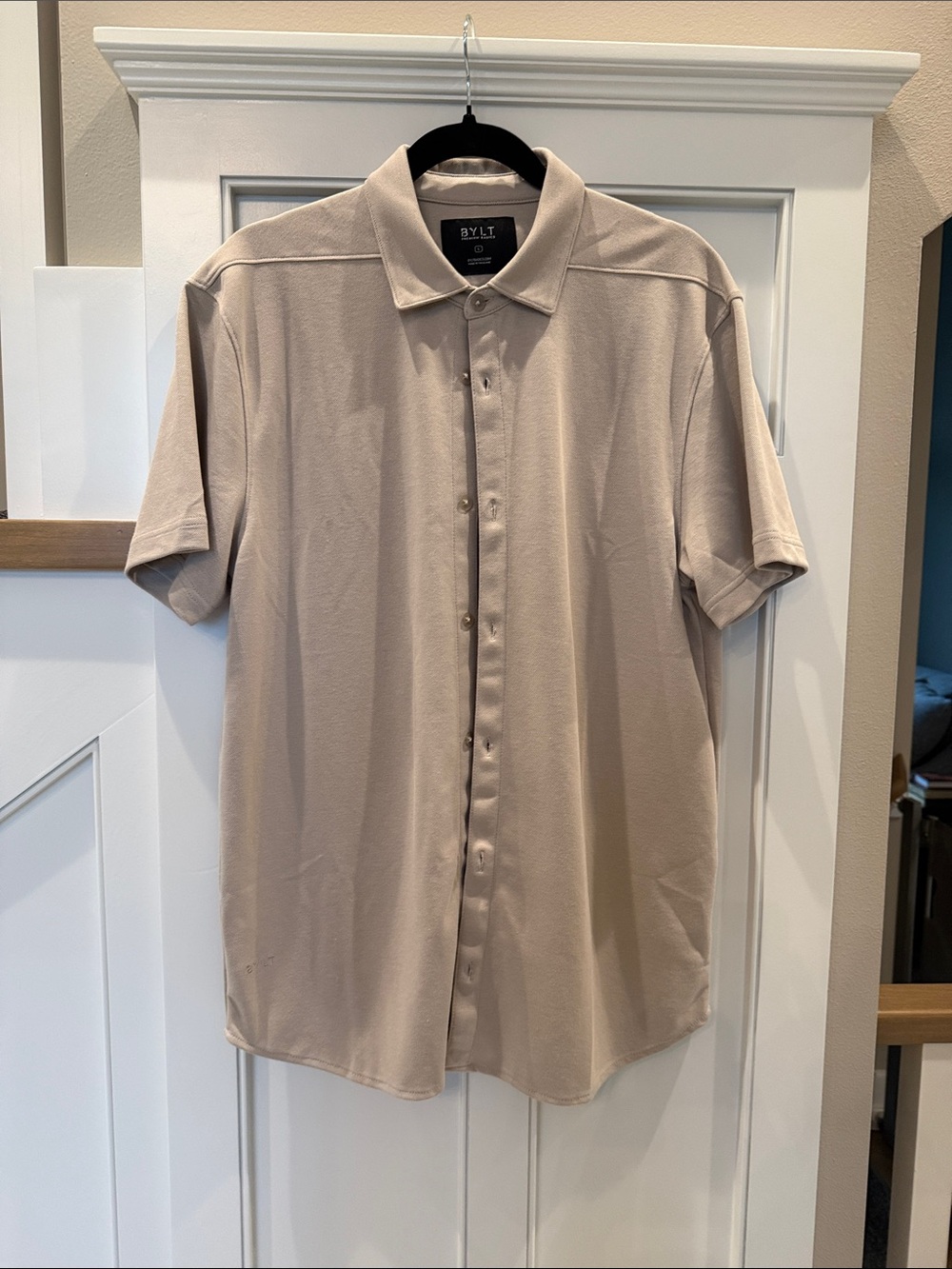 BYLT Basics Short Sleeve Button-Down Shirt in Light Beige
